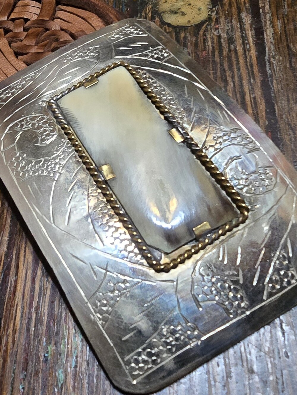 Braided Leather Belt Featuring A Hand Engraved Silver Metal Buckle